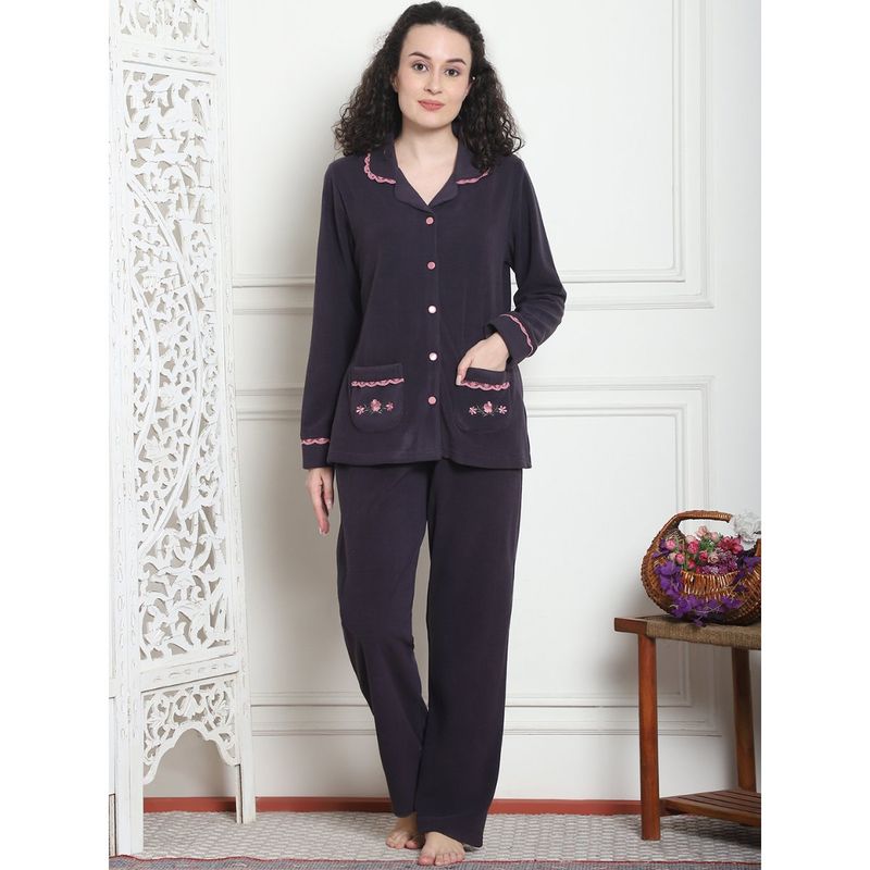 Kanvin Women Winter Solid Purple Shirt with Pajama (Set of 2) (XL)