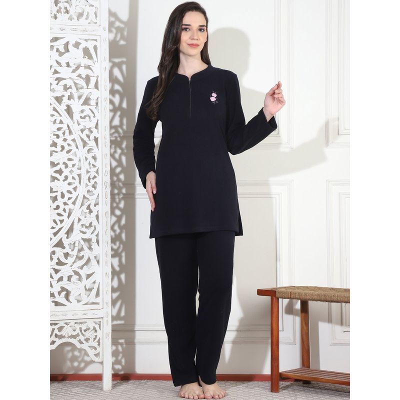 Kanvin Women Winter Solid Navy Blue Kurti with Pajama (Set of 2) (2XL)