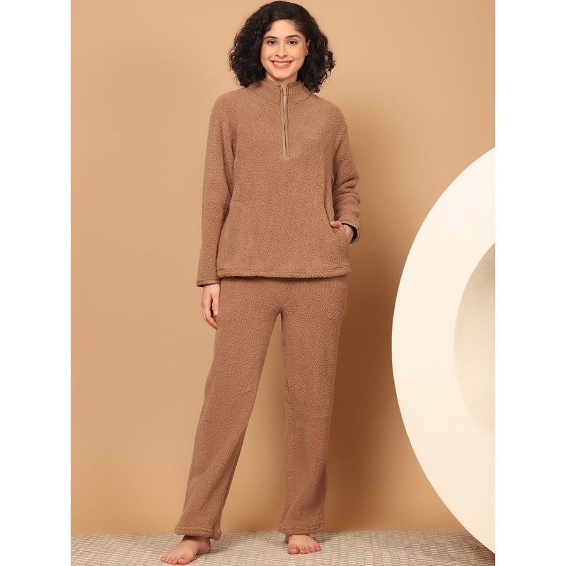 Kanvin Women Winter Textured Beige Top with Pajama (Set of 2) (L)