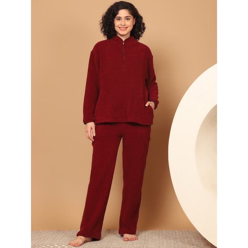 Kanvin Women Winter Textured Maroon Top with Pajama (Set of 2) (M)