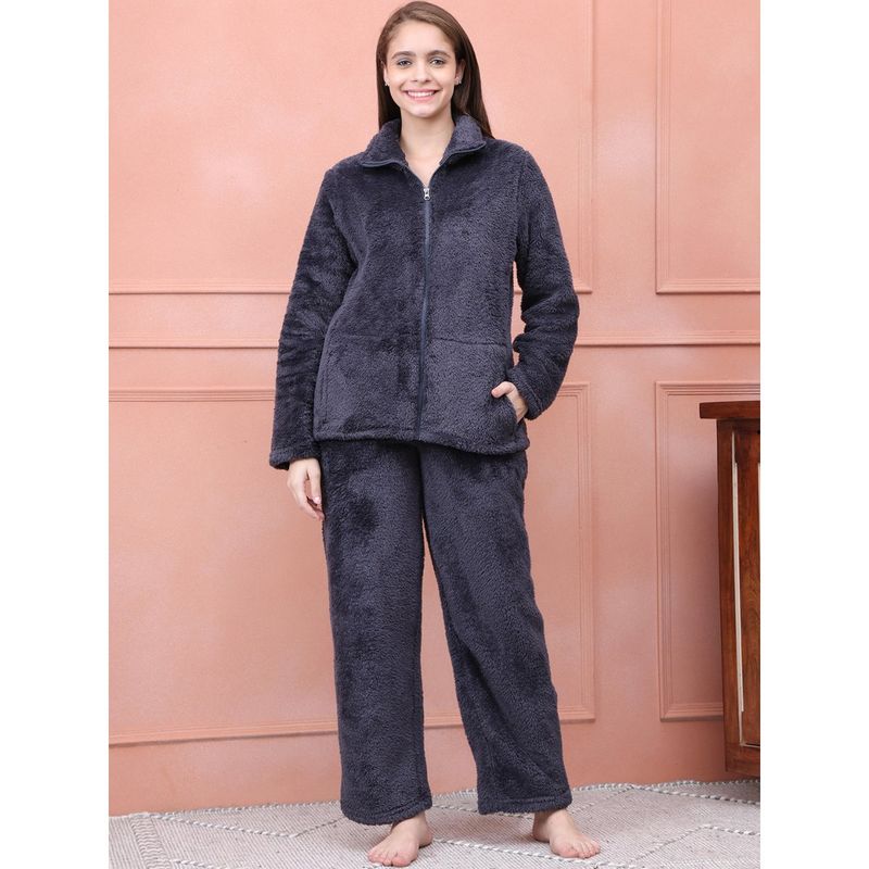 Kanvin Women Winter Textured Charcoal Jacket with Pajama (Set of 2) (2XL)