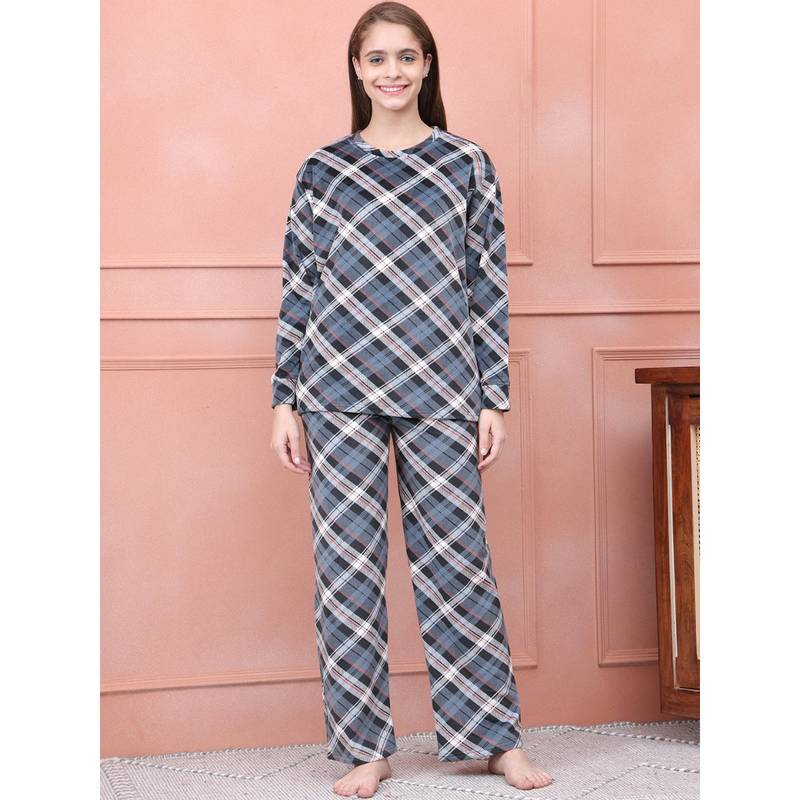 Kanvin Women Winter Checks Blue Top with Pajama (Set of 2) (S)