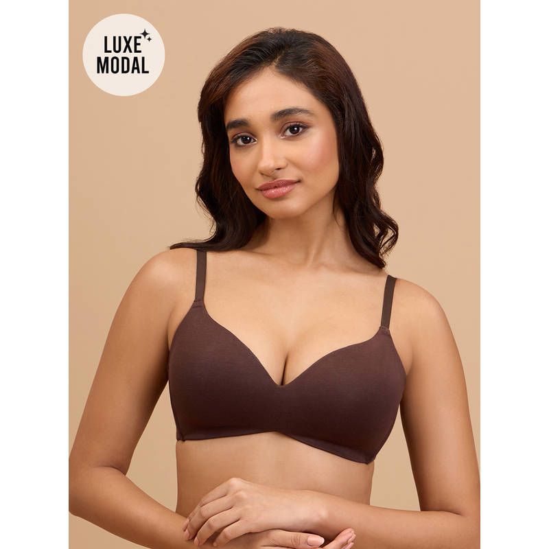 Nykd by Nykaa Padded Super Soft Luxe Modal Padded Non Wired 3/4th Coverage T Shirt Bra, Brown-NYB013