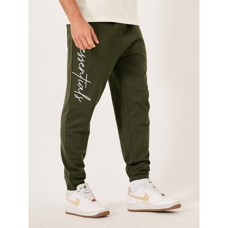 Styli Men Slogan Print Olive Oversized Fit Cotton Terry Joggers (M)