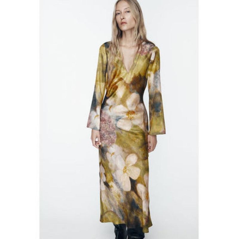 Addery Multi Floral Long V-Neck Beachwear Dress (L)