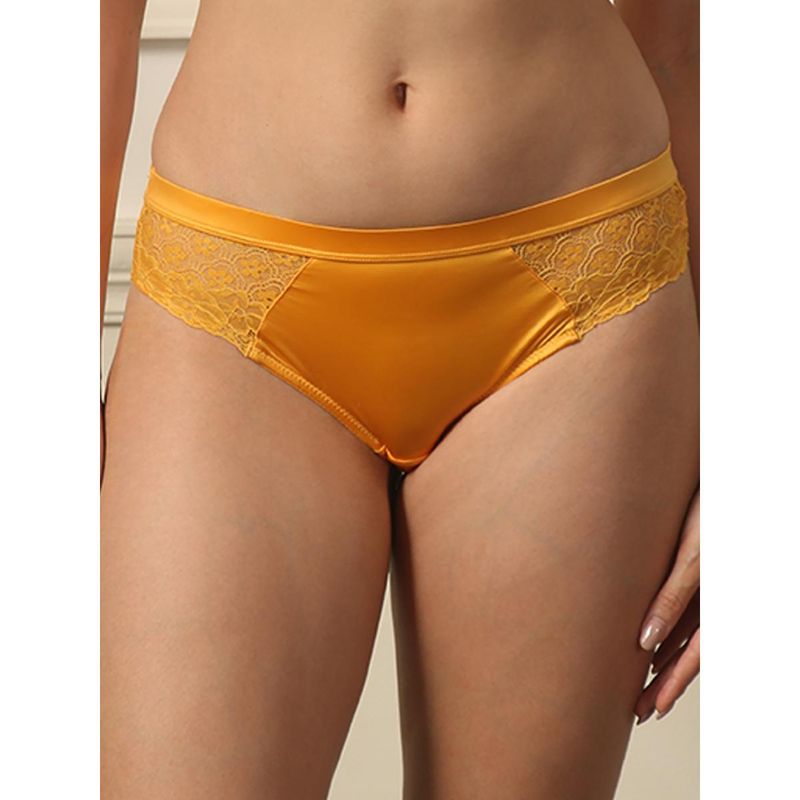 SOIE Womens Gold Mid Rise Full Coverage Lace Seamless Panty (L)