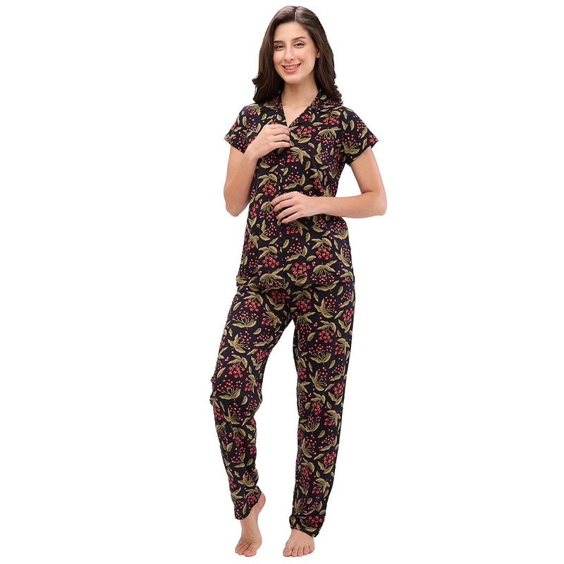 Juliet Womens Printed Premium Cotton Shirt with Pyjama - Black (Set of 2) (XL)