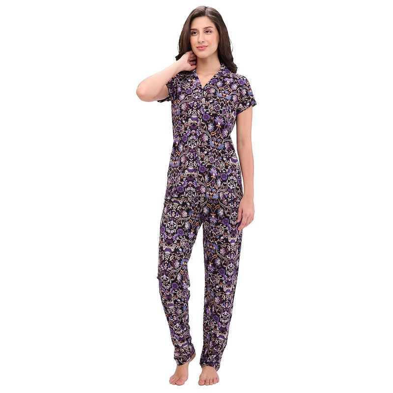 Juliet Womens Printed Premium Cotton Shirt with Pyjama - Purple (Set of 2) (L)