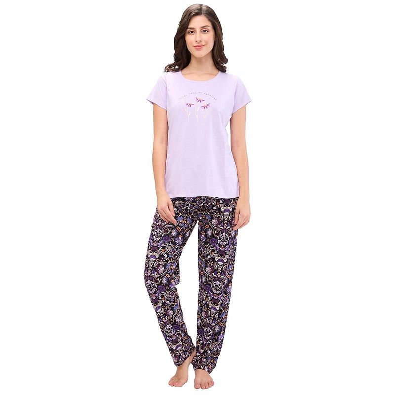 Juliet Womens Printed Premium Cotton T-Shirt with Pyjama - Lavender (Set of 2) (M)