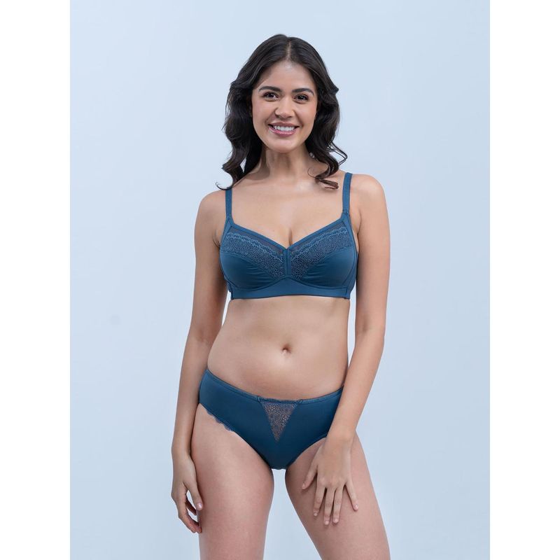 SOIE Womens Blue Lacey Non Padded Full Coverage T-Shirt Bra with Seamless Panty (Set of 2) (36B)