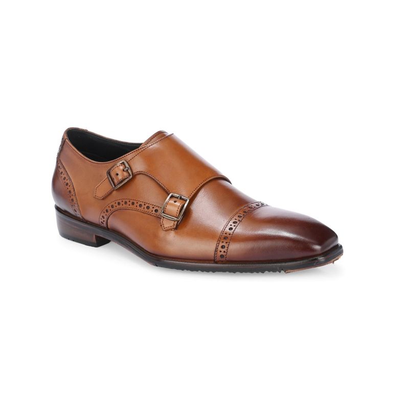 HARRYKSON LONDON Mens Double Italian Leather Formal Monk Straps - Tan (UK 8)