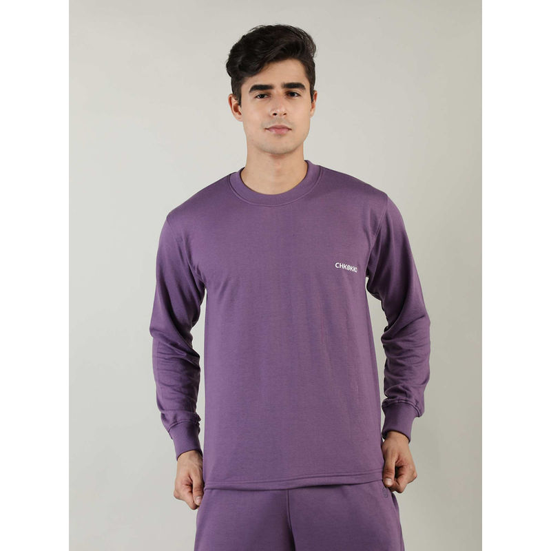 Chkokko Men Purple Terry Cotton Loose Fit Full Sleeves Sweatshirt (S)