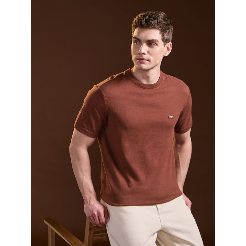 THE BEAR HOUSE Brown Solid Regular Fit T-Shirt (S)