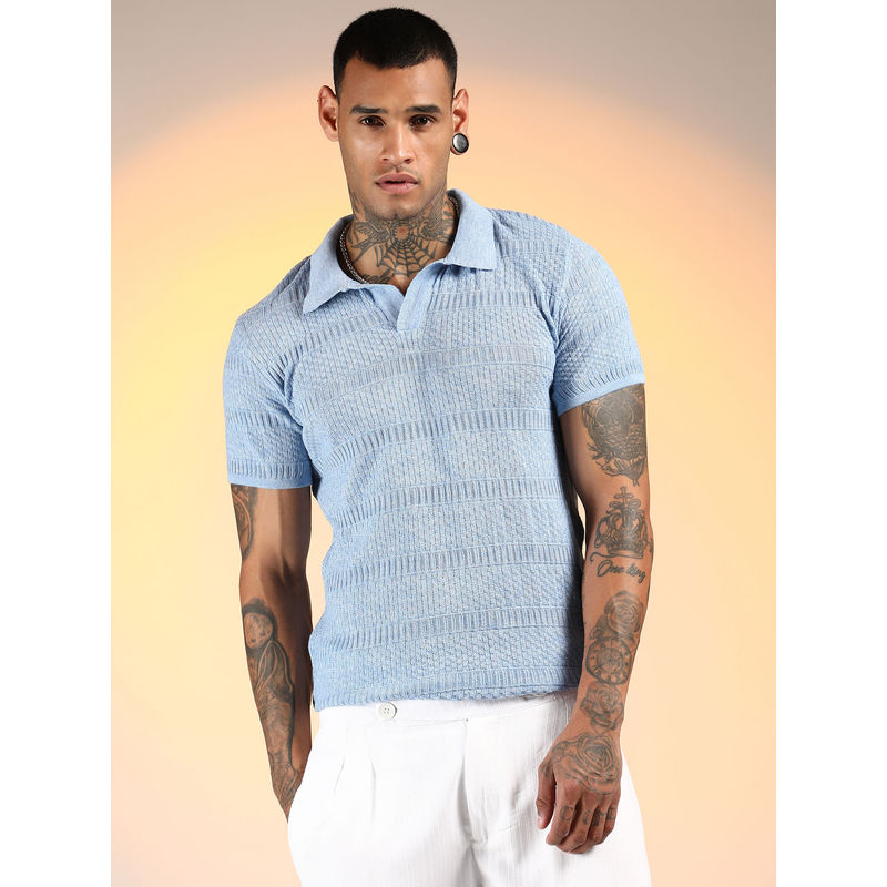 Campus Sutra Men'S Powder Blue Brick-Ribbed Polo T-Shirt (M)