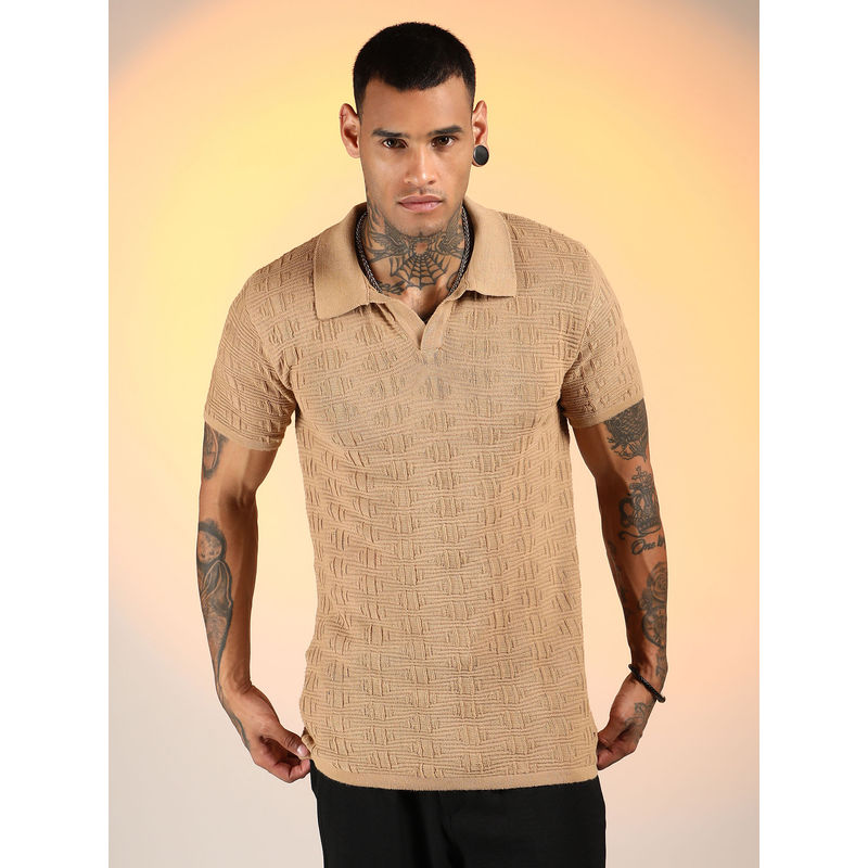 Campus Sutra Men'S Sand Beige Greek-Textured Polo T-Shirt (M)