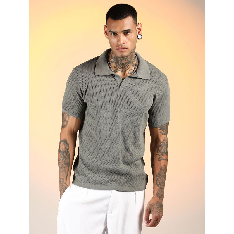 Campus Sutra Men'S Ash Grey Rhombus-Knit Polo T-Shirt (L)