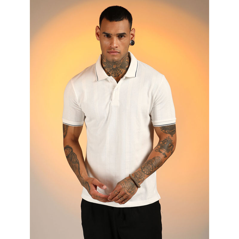 Campus Sutra Men'S Chalk White Lined-Knit Polo T-Shirt (L)