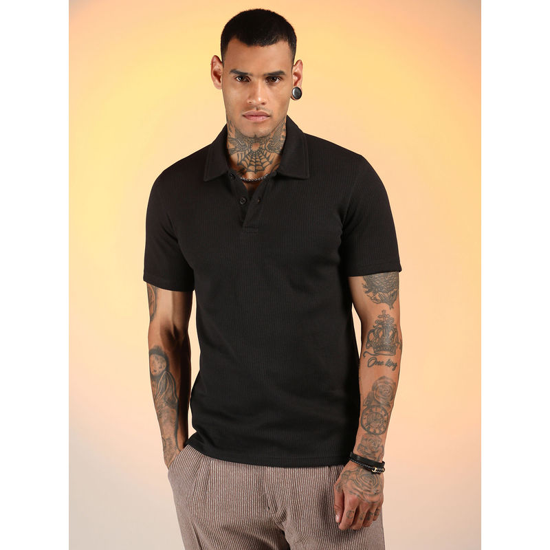 Campus Sutra Men'S Onyx Black Ribbed Polo T-Shirt (XL)