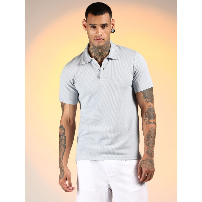 Campus Sutra Men'S Icy Blue Ribbed Polo T-Shirt (L)