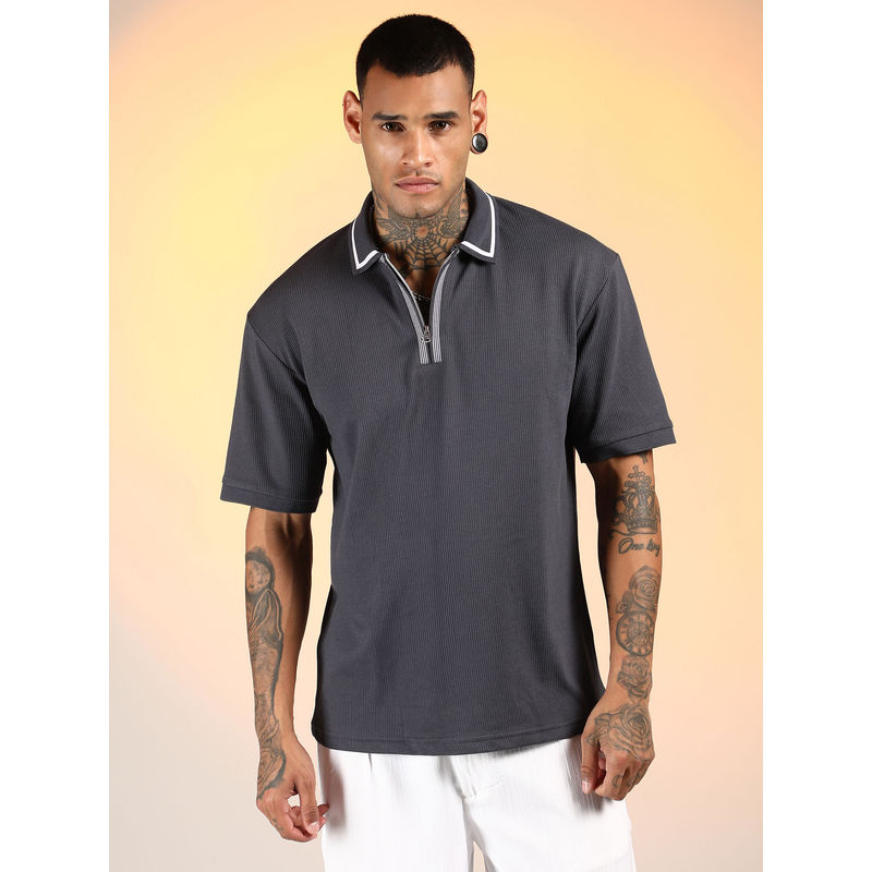 Campus Sutra Men'S Charcoal Grey Micro-Waffle Polo T-Shirt (S)