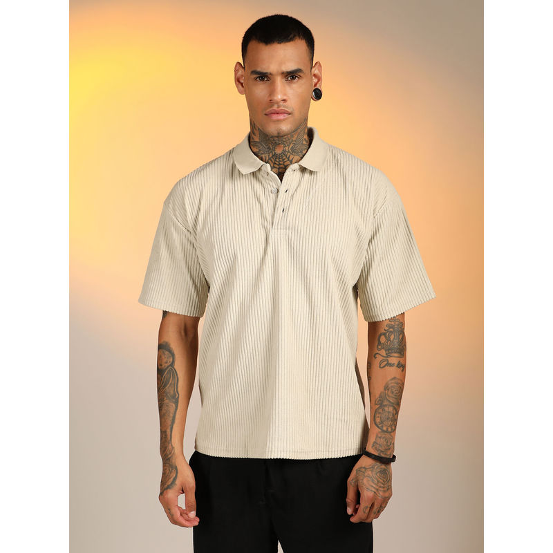 CAHOOT Men'S Saltbox Beige Ribbed Oversized Polo T-Shirt (XL)
