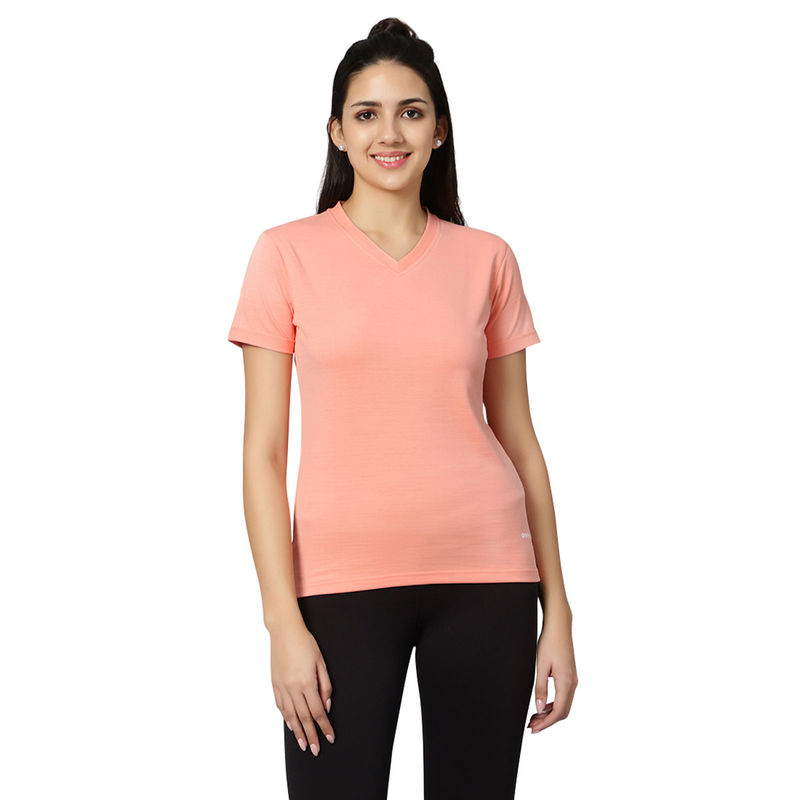 Omtex Fitness Casual Gym Sports V Neck Activewear T Shirt for Women Peach (S)