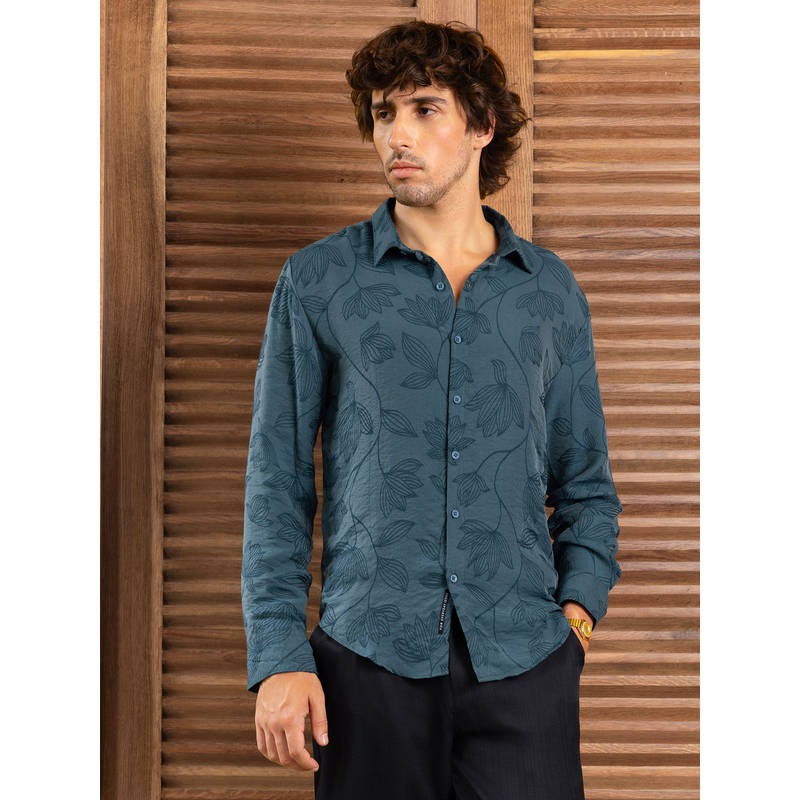 CAHOOT Men Teal Floral Self Design Full Sleeves Shirt (S)