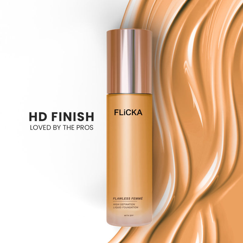 Flicka Flawless Femme Hd Liquid Foundation Dewy Finish Long Lasting Medium High Coverage - Caramel