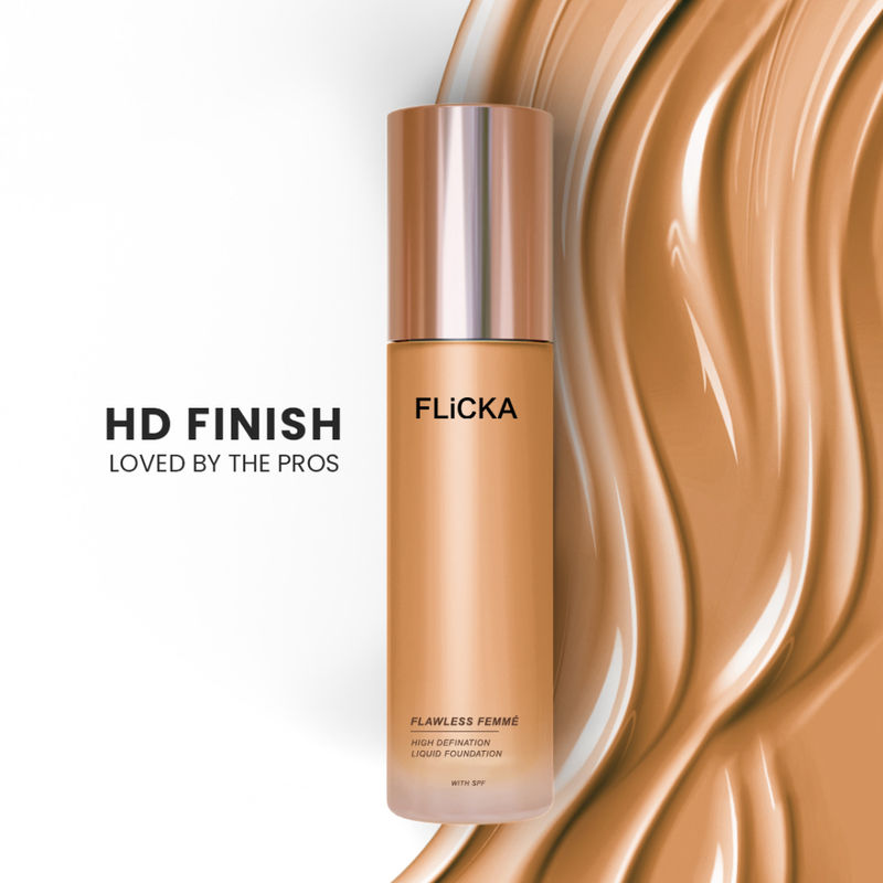 FLiCKA Flawless Femme HD Liquid Foundation Dewy Finish Long Lasting Medium High Coverage - Coffee