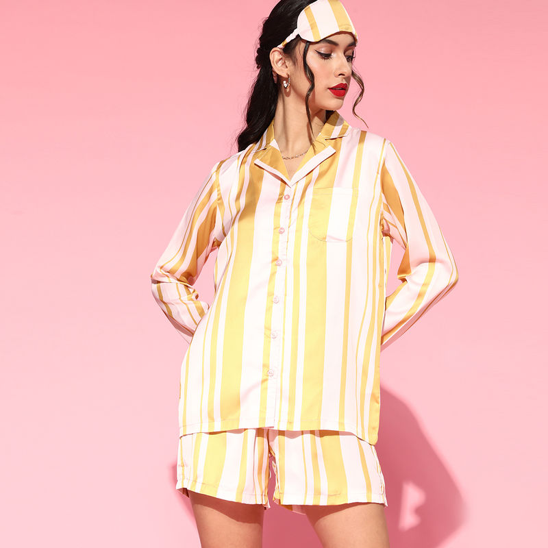 Drape In Vogue Women And Cream Stripes Night Suit - Yellow (L)