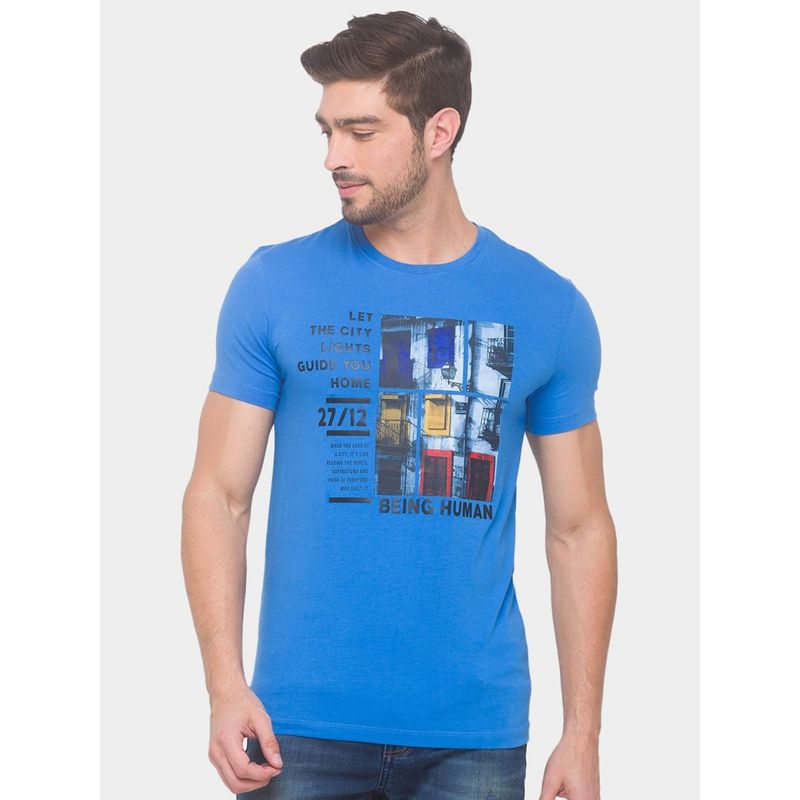 Being Human Men Printed Blue T-Shirt (S)