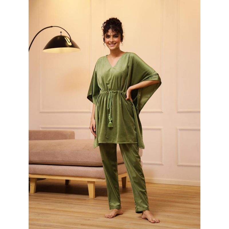 SAY Women Solid Green V-Neck Winter Wear Night Suit (Set of 2) (S)