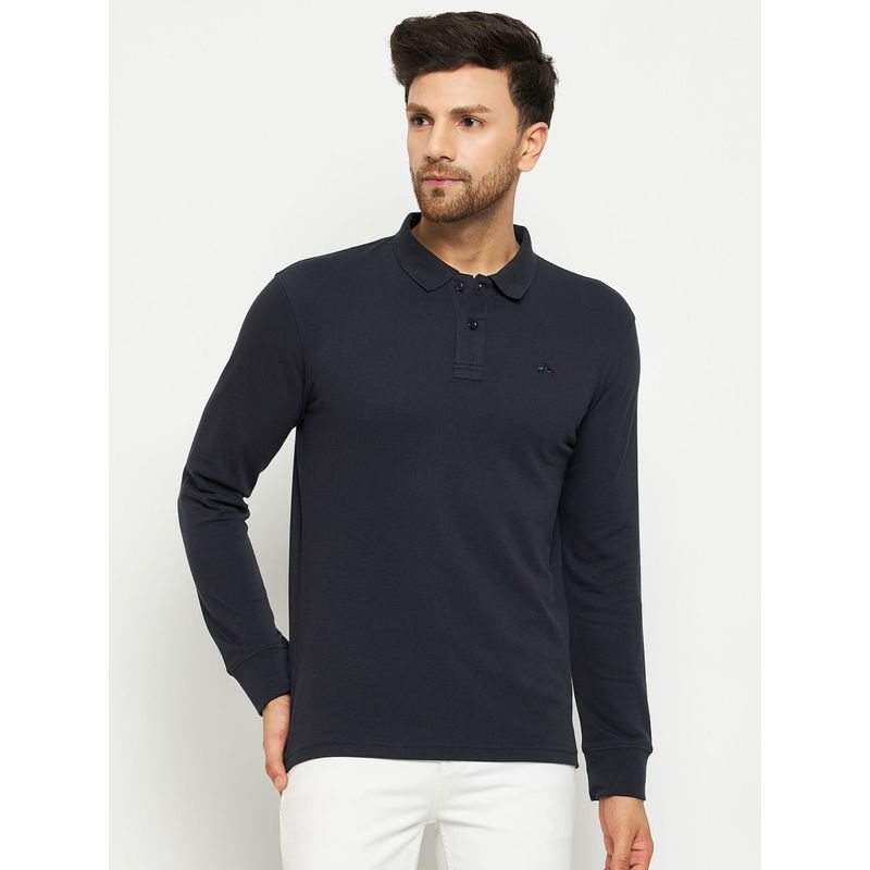 98 Degree North Men Polo Neck Full Sleeve T-Shirt - Navy Blue (L)
