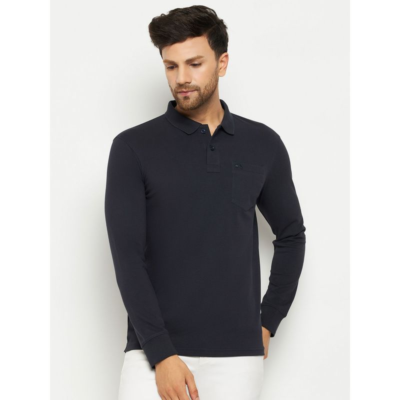 98 Degree North Men Polo Neck Full Sleeve T-Shirt - Navy Blue (L)