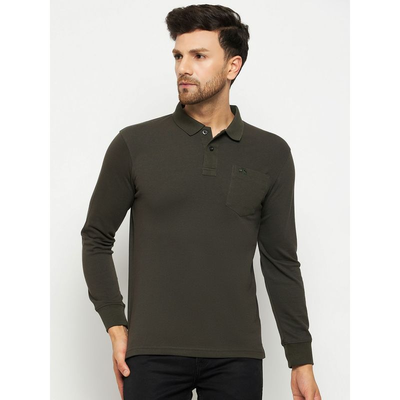 98 Degree North Men Polo Neck Full Sleeve T-Shirt - Olive (XL)