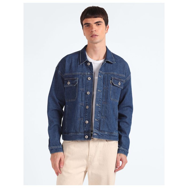Flying Machine Men Blue Cotton Solid Denim Jacket (S)