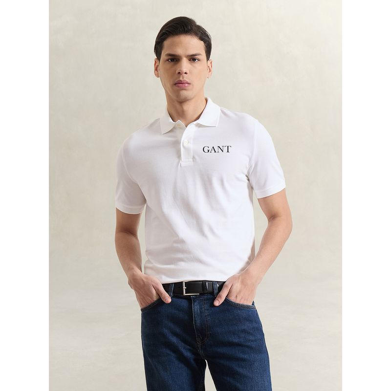 GANT Men White Solid Polo T-Shirt (S)