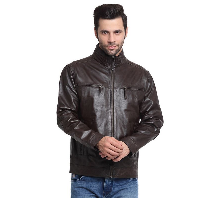 Teakwood Men Brown Solid Leather Jacket (S)