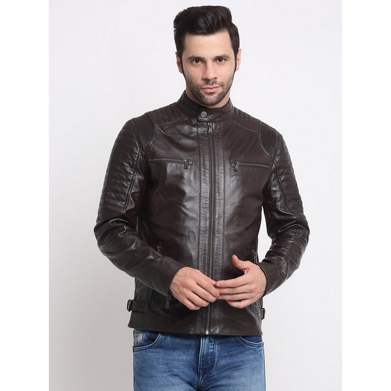 Teakwood Men Brown Solid Leather Jacket (S)
