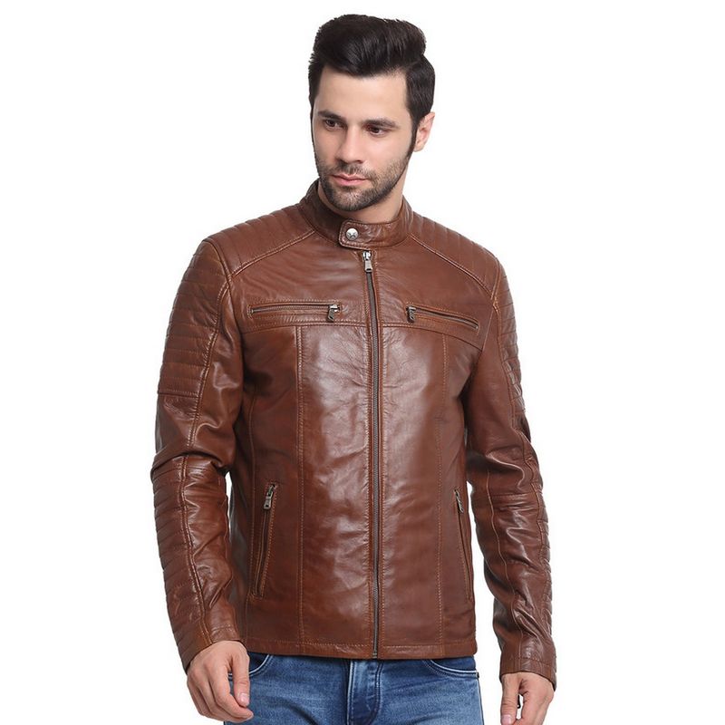 Teakwood Men Tan Solid Leather Jacket (XL)