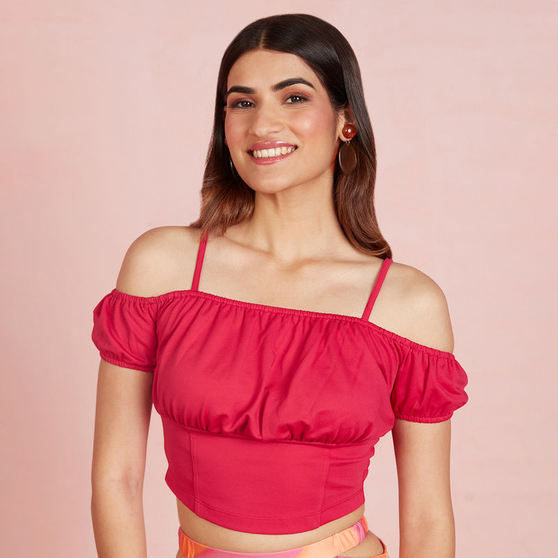 Twenty Dresses by Nykaa Fashion Hot Pink Off Shoulder Crop Top (XS)