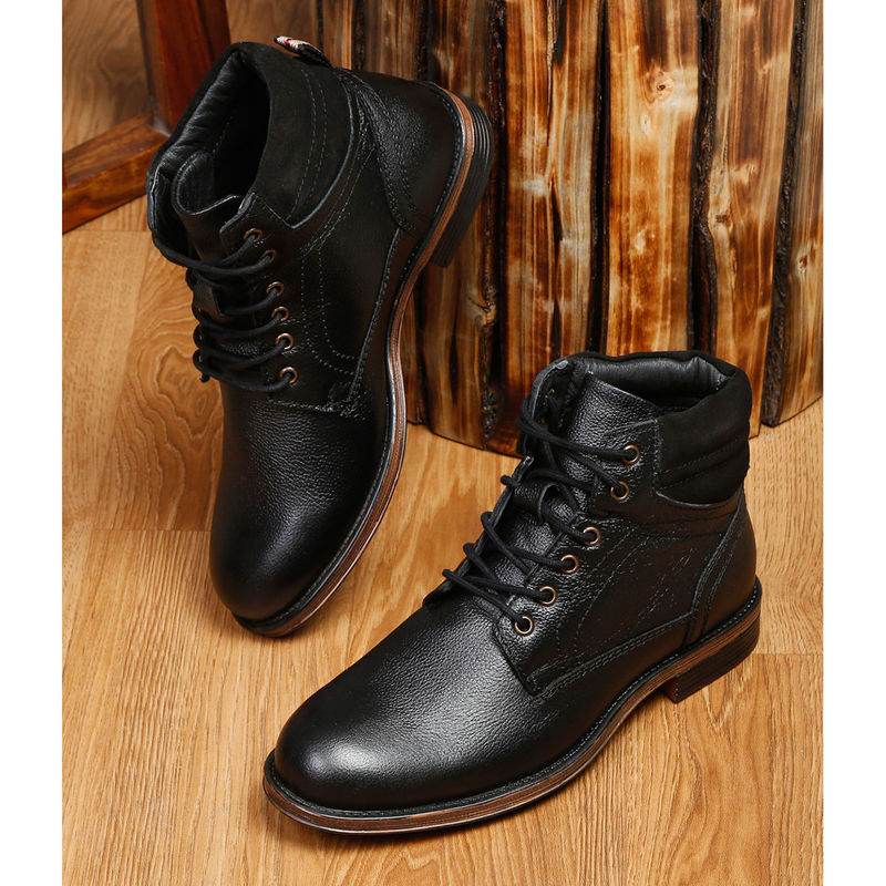 Teakwood Men Black Solid Leather Lace Up High Ankle Boots (EURO 42)