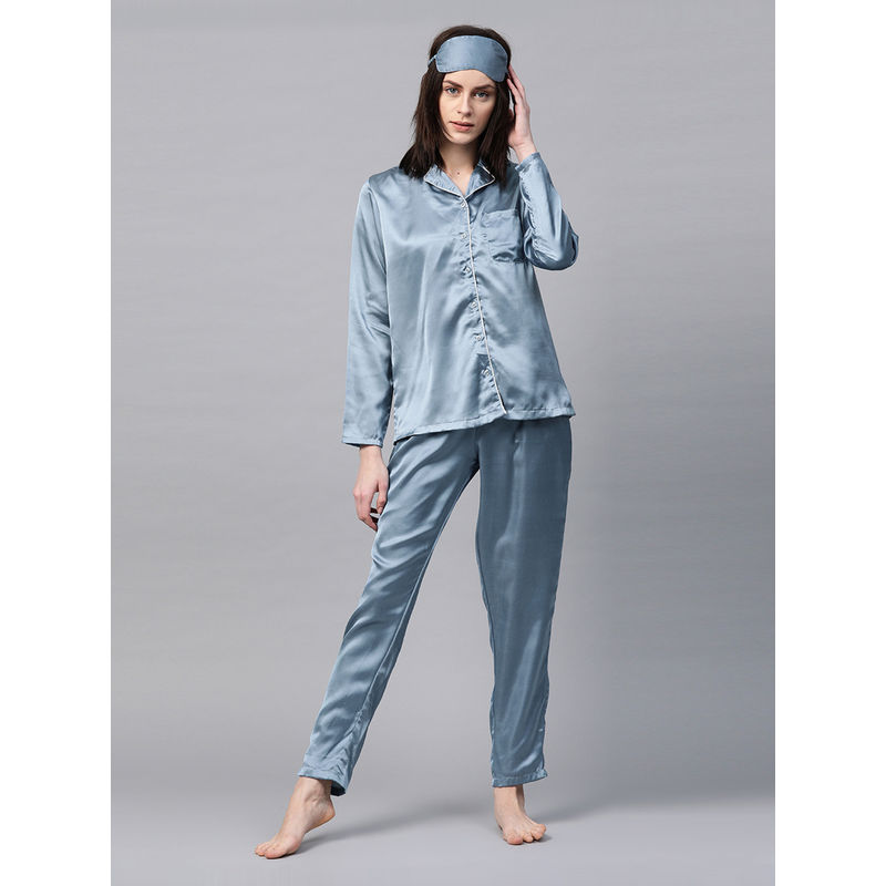 Drape In Vogue Women Satin Solid Night Suit - Blue (L)