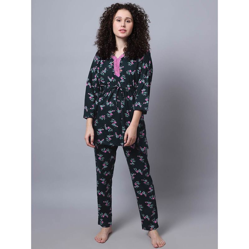 Kanvin Women Teal And Pink Floral Printed Night Suit (M)