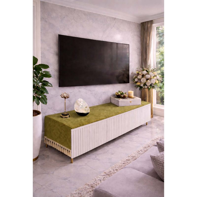 THROW PILLOW Olive Green Fringe Tv Unit Runner (14 x 48 Inches)