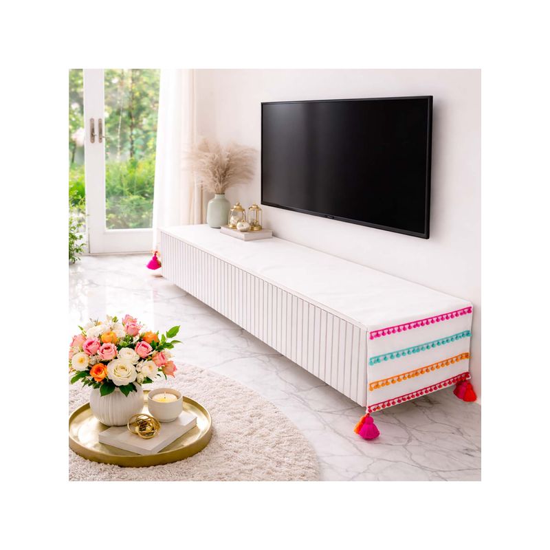 THROW PILLOW White Colourful Pom-Pom Lace Corner Tassel Tv Unit Runner (13 x 48 Inches)
