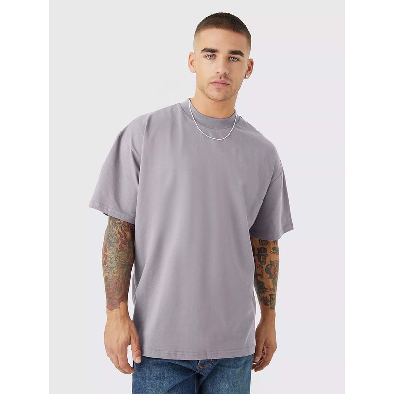 PRONK Ash Grey Solid Men Oversized T-Shirt (L)
