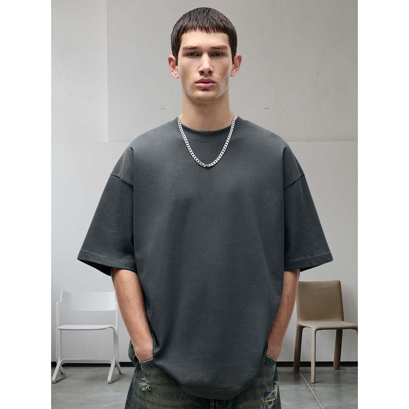 PRONK Dark Grey Solid Men Oversized T-Shirt (XS)