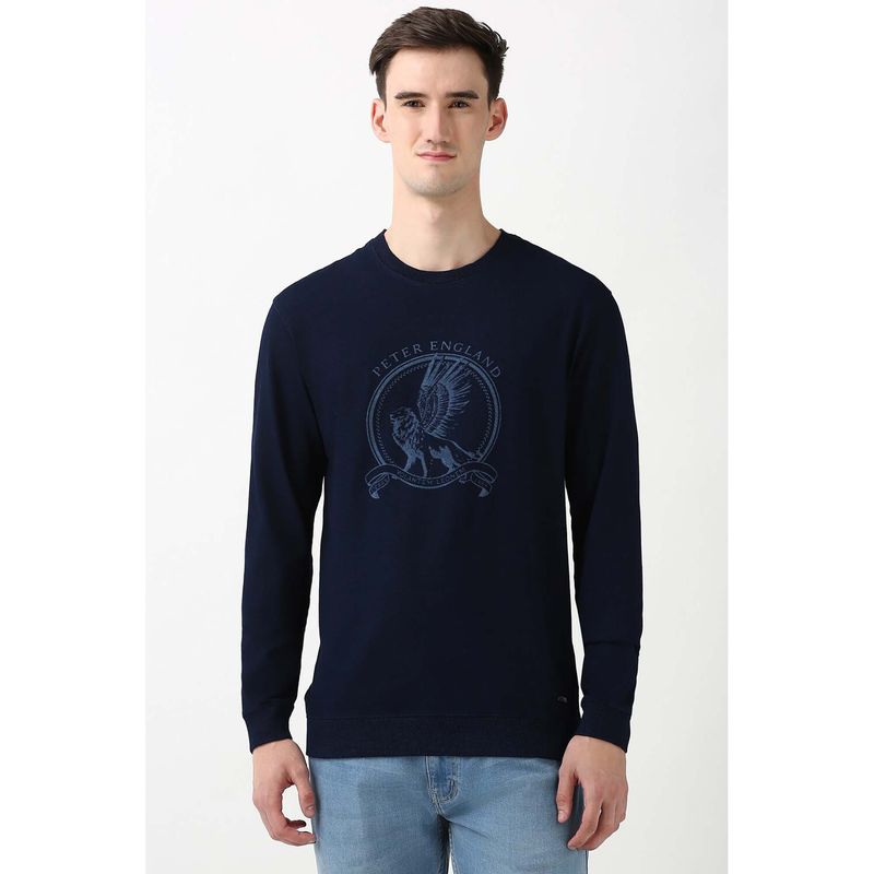 Peter England Men Navy Embroidered Round Crew Neck T-Shirt (M)
