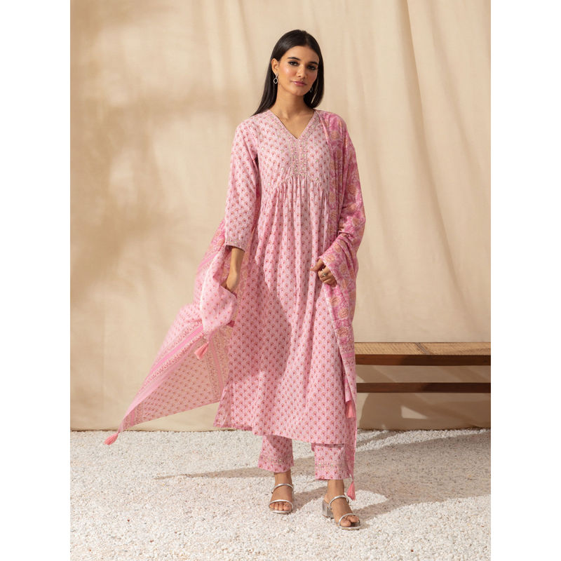 Likha Pink Cotton Jaipuri Printed Alia Cut Kurta Pant Dupatta LIKSKD87 (Set of 3) (2XL)